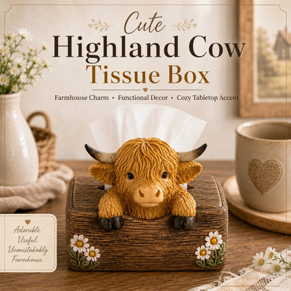 Highland cow tissue box cover easy top-loading design