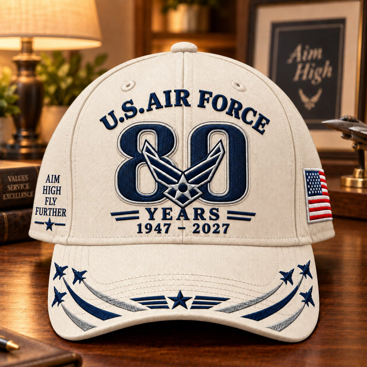 White Air Force 80th Anniversary heritage cap with navy embroidery