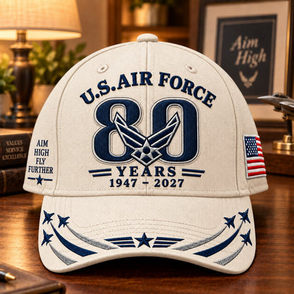 White Air Force 80th Anniversary heritage cap with navy embroidery