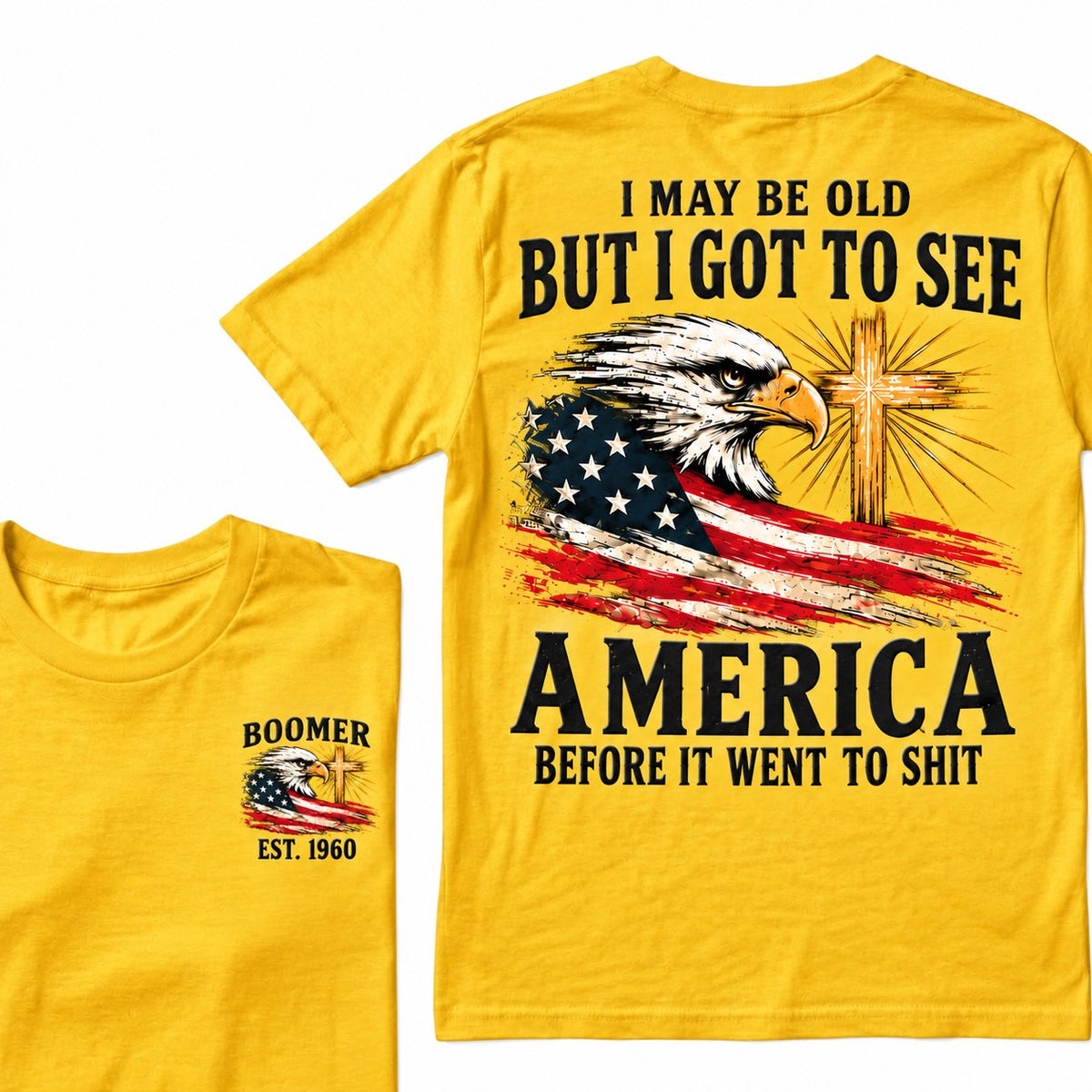 Yellow Boomer graphic T-shirt with vintage eagle, USA flag and cross, front and back