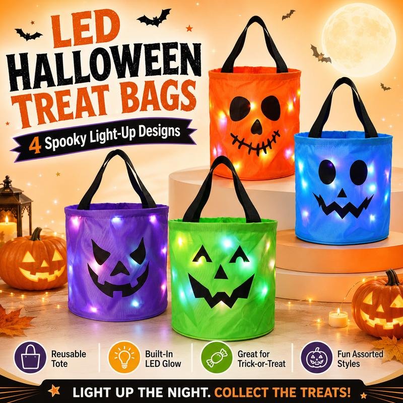 LED Halloween trick-or-treat bags with glowing lights and spooky faces