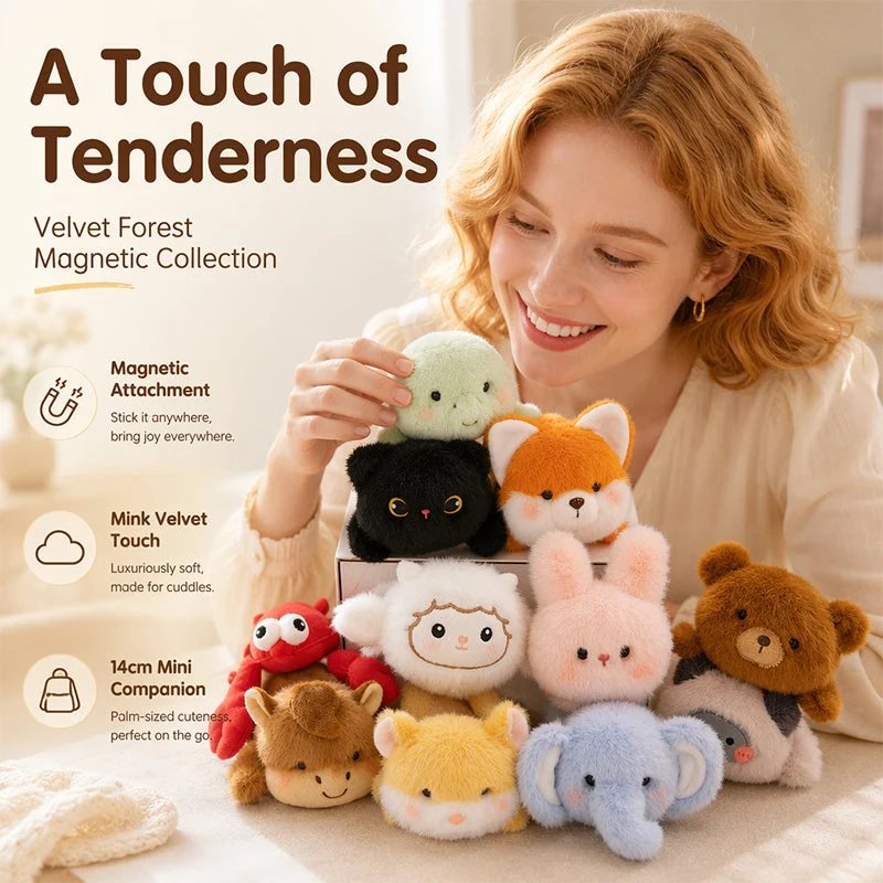 Woman displaying colorful plush animal fridge magnet dolls at home