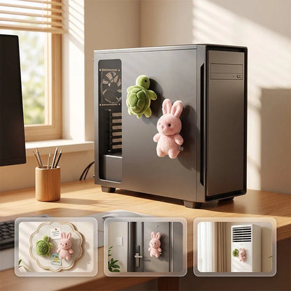 Plush turtle and pink rabbit magnets on PC tower and daily scenes