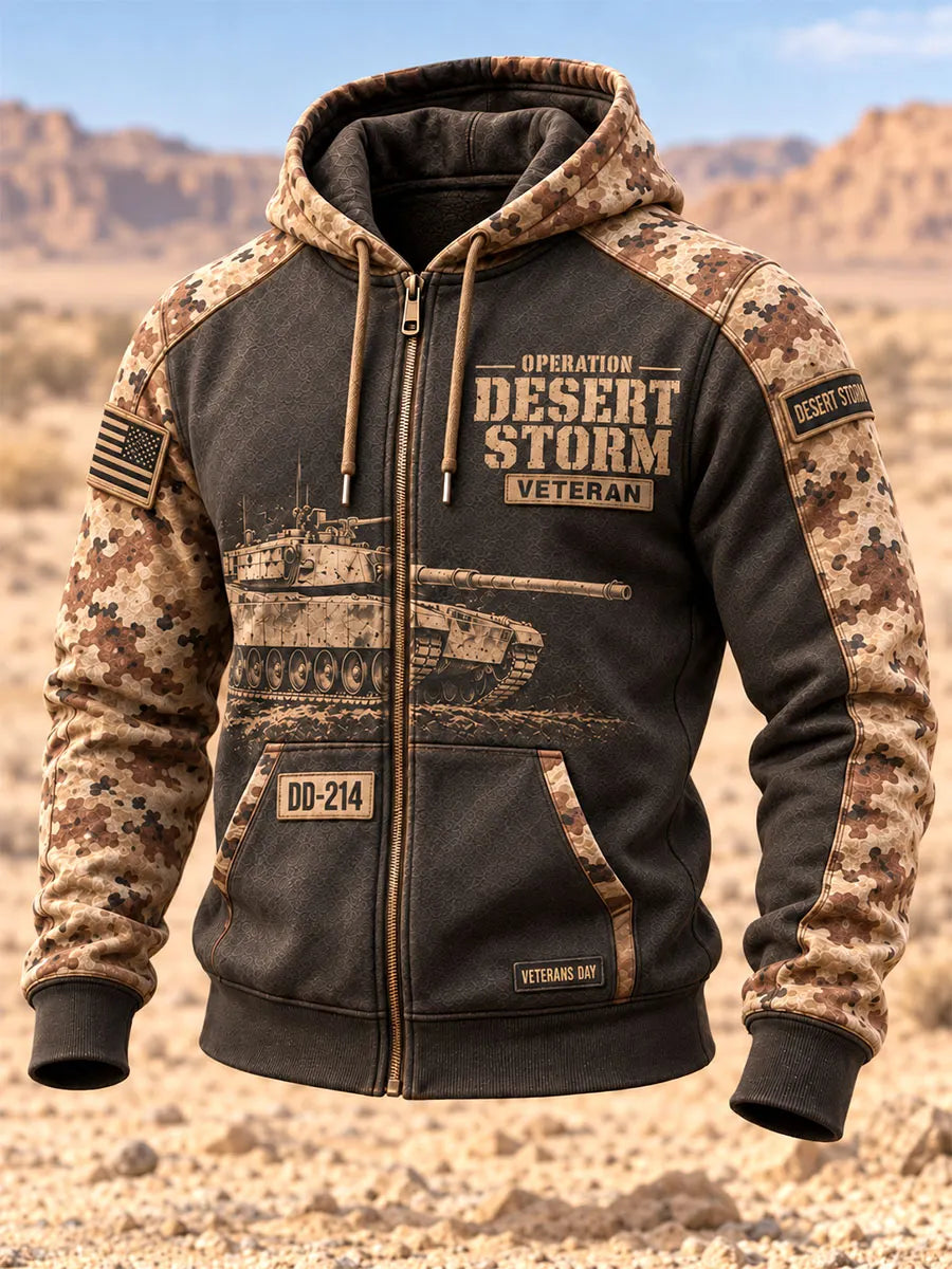 Desert Storm Veteran zip-up hoodie with desert camo sleeves, tank artwork and front pockets