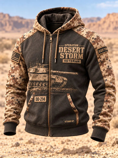 Desert Storm Veteran zip-up hoodie with desert camo sleeves, tank artwork and front pockets