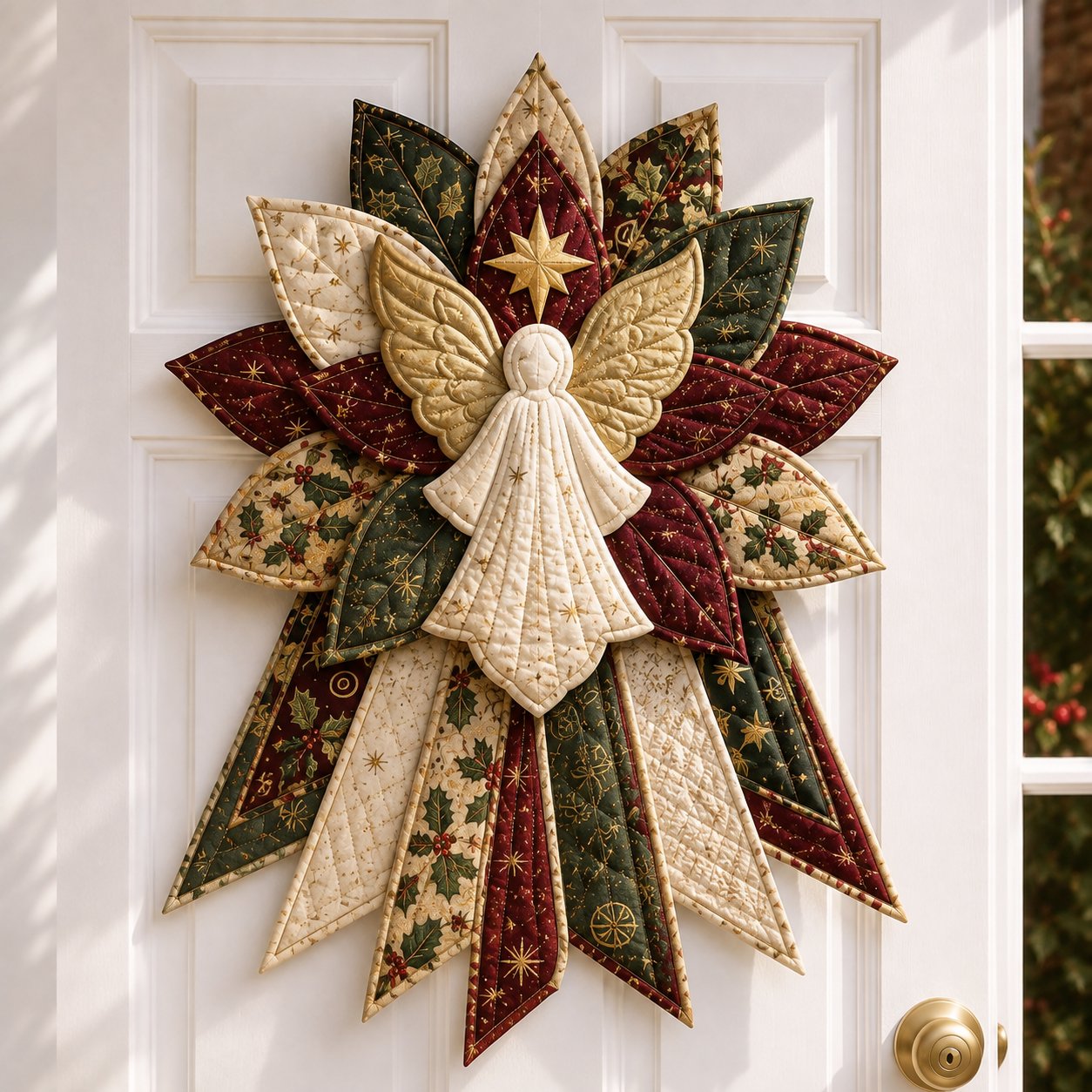 Handmade celestial angel quilted Christmas door hanging with gold wings