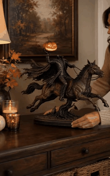 Animated demo of Headless Horseman Halloween statue in motion