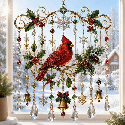 Cardinal red bird stained glass Christmas window hanging