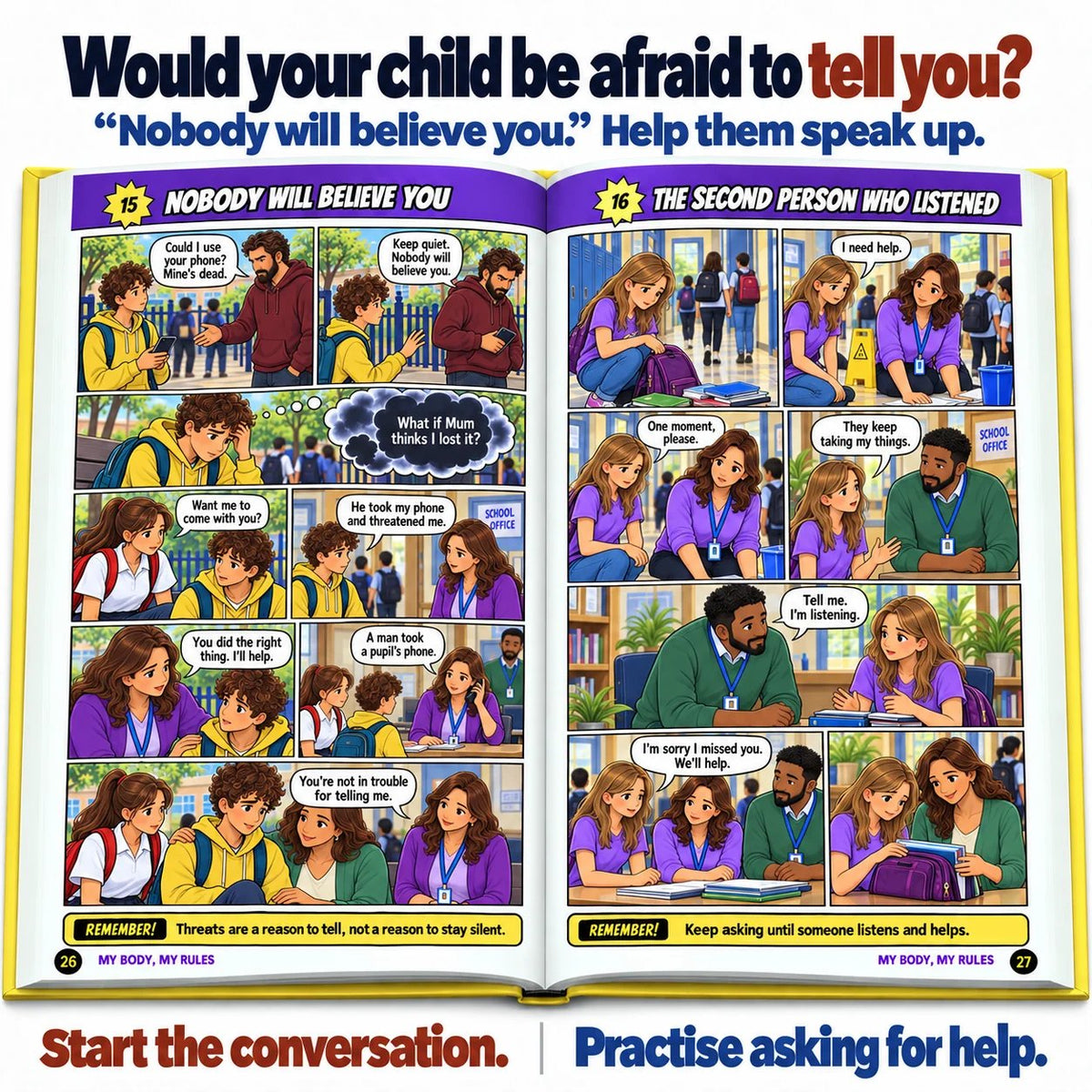 Children’s safety storybook showing speaking up and asking a trusted adult for help