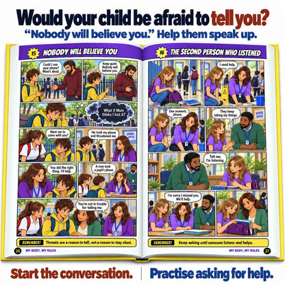 Children’s safety storybook showing speaking up and asking a trusted adult for help