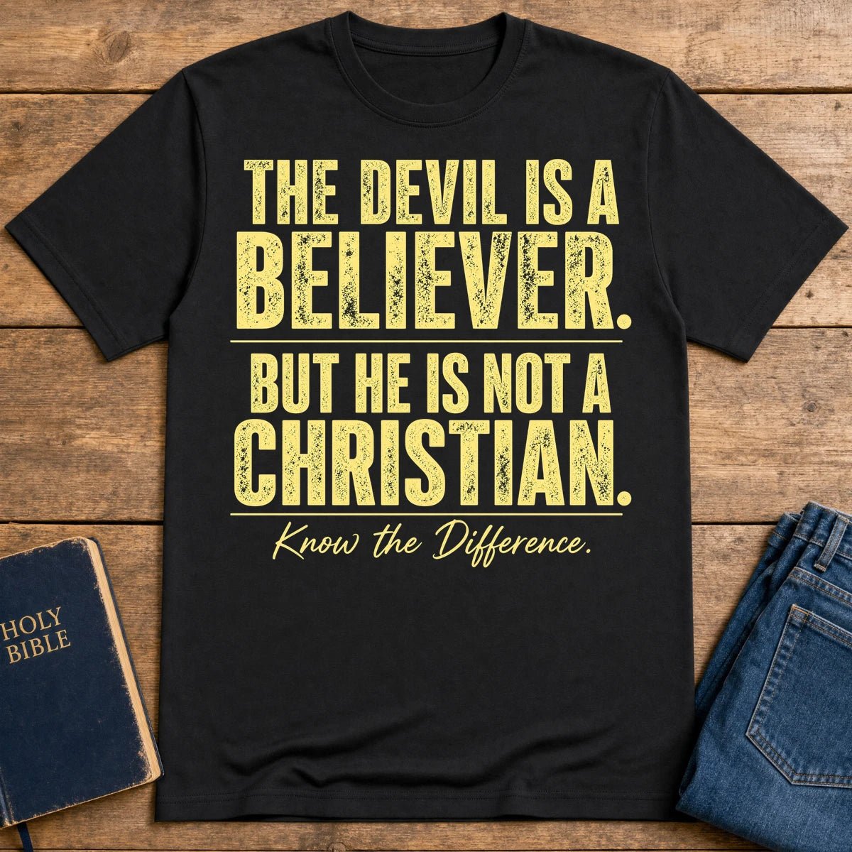 Devil Believer Christian graphic T-shirt in Black with front slogan