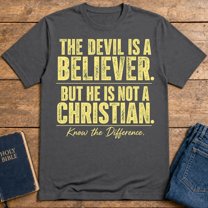 Devil Believer Christian graphic T-shirt in Charcoal with front slogan