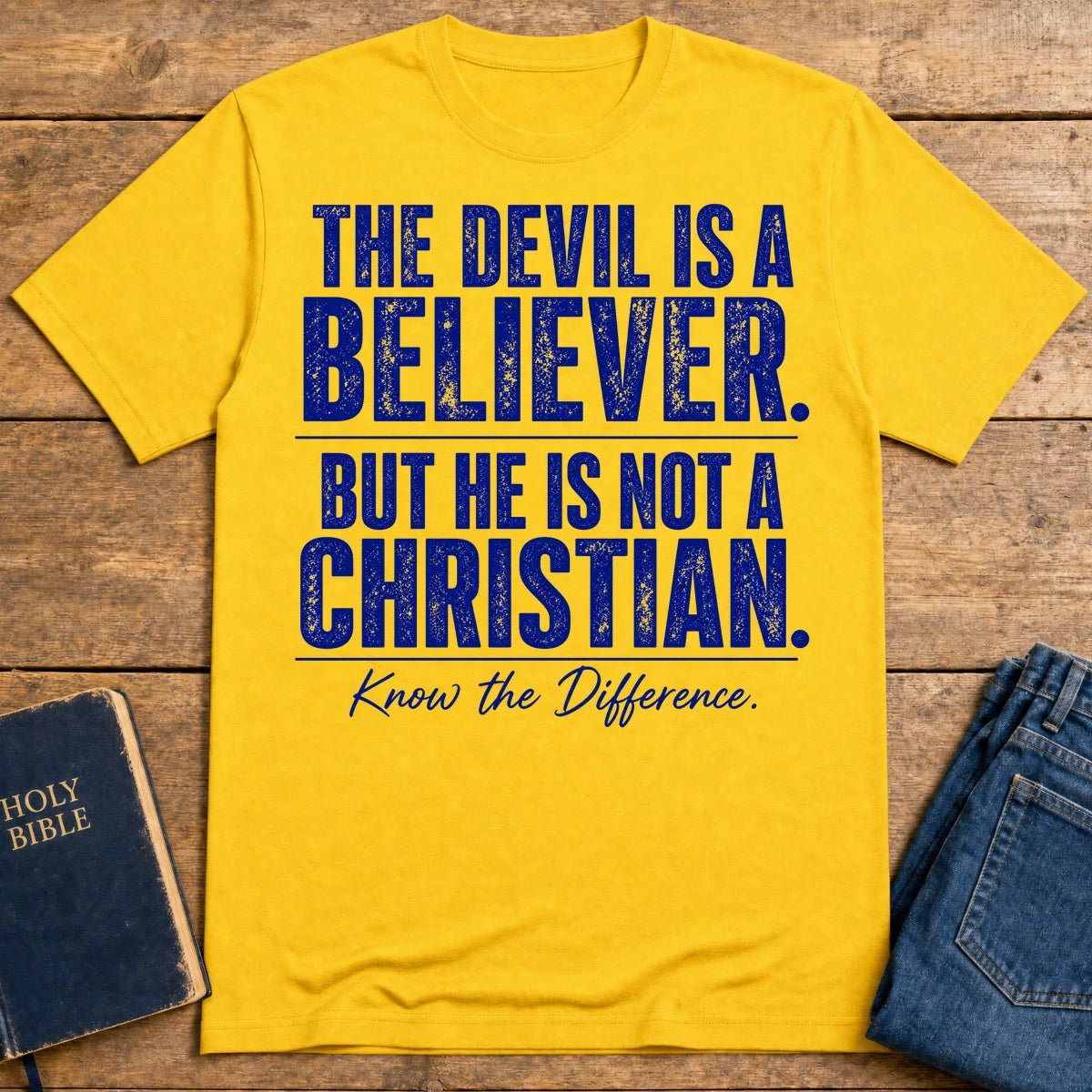 Devil Believer Christian graphic T-shirt in Daisy with front slogan