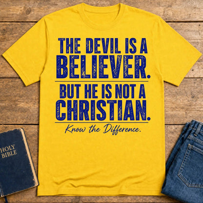 Devil Believer Christian graphic T-shirt in Daisy with front slogan