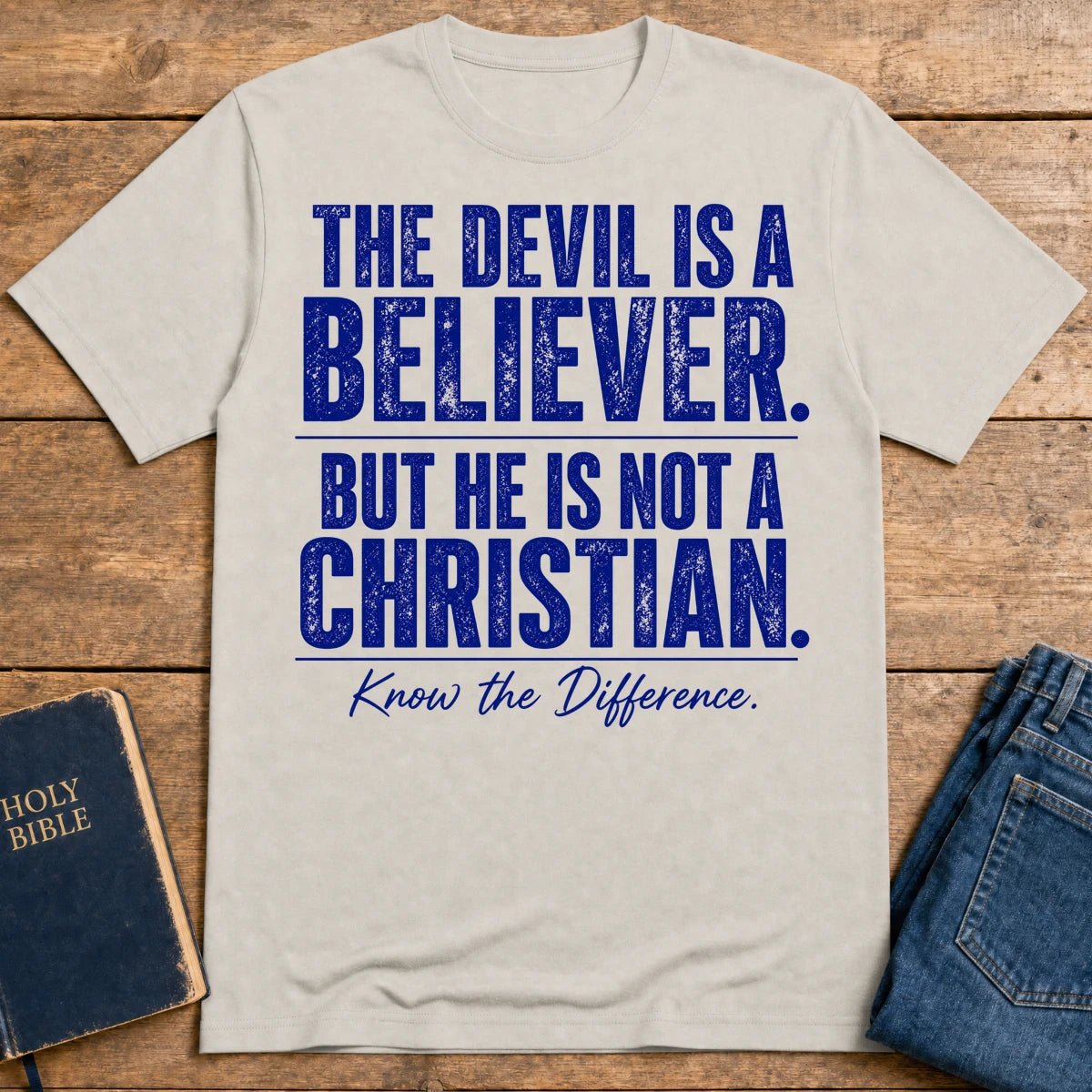 Devil Believer Christian graphic T-shirt in Ice Grey with front slogan