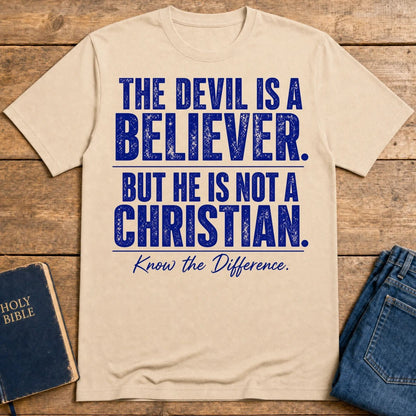 Devil Believer Christian graphic T-shirt in Natural with front slogan