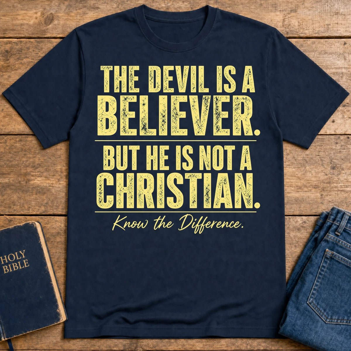 Devil Believer Christian graphic T-shirt in Navy with front slogan