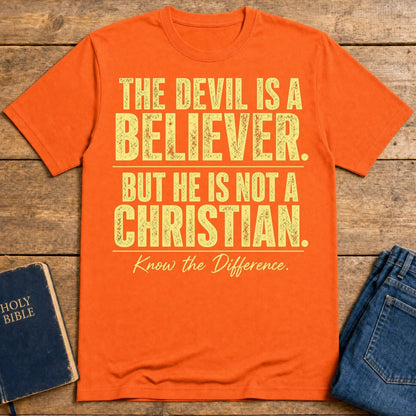 Devil Believer Christian graphic T-shirt in Orange with front slogan