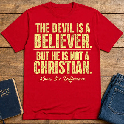 Devil Believer Christian graphic T-shirt in Red with front slogan