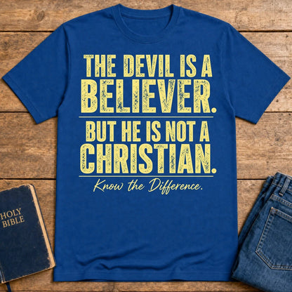 Devil Believer Christian graphic T-shirt in Royal with front slogan