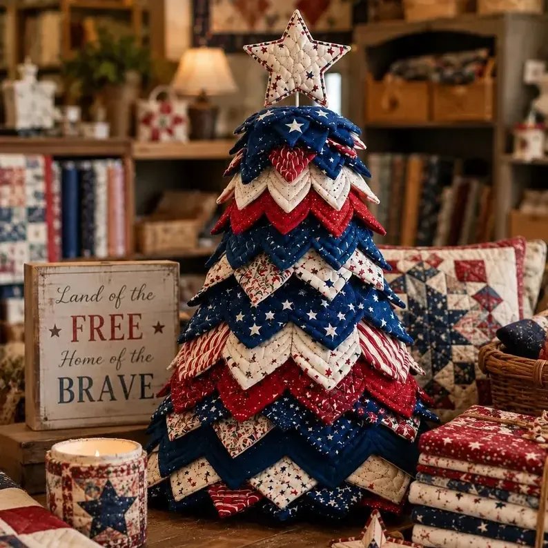 Americana Christmas quilt tree beside Land of the Free patriotic sign