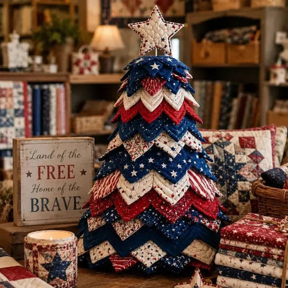 Americana Christmas quilt tree beside Land of the Free patriotic sign