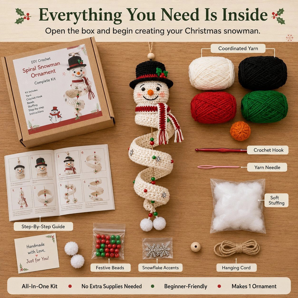 Everything you need is inside — yarn hook beads and guide included