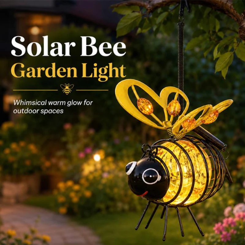 Solar bee garden light warm glow at night
