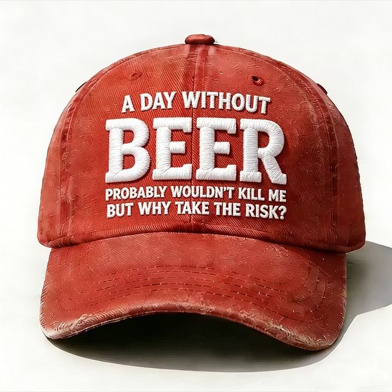 Red embroidered Why Take the Risk beer hat with curved brim