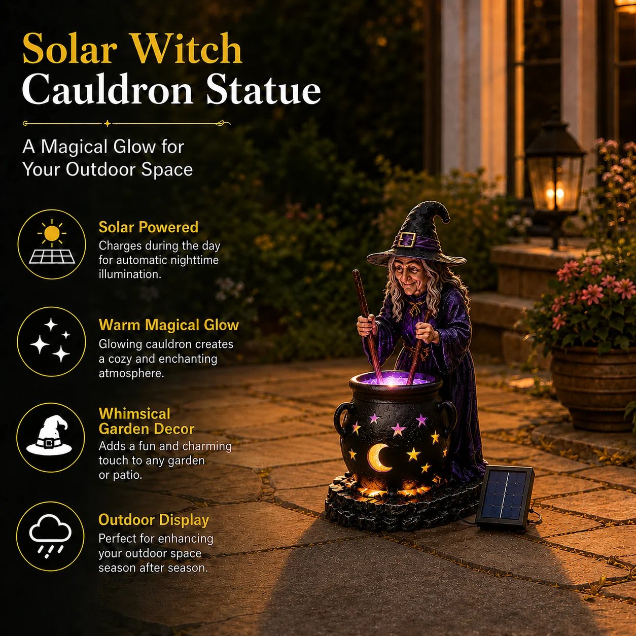 Solar witch cauldron statue — spooky Halloween garden decor overview