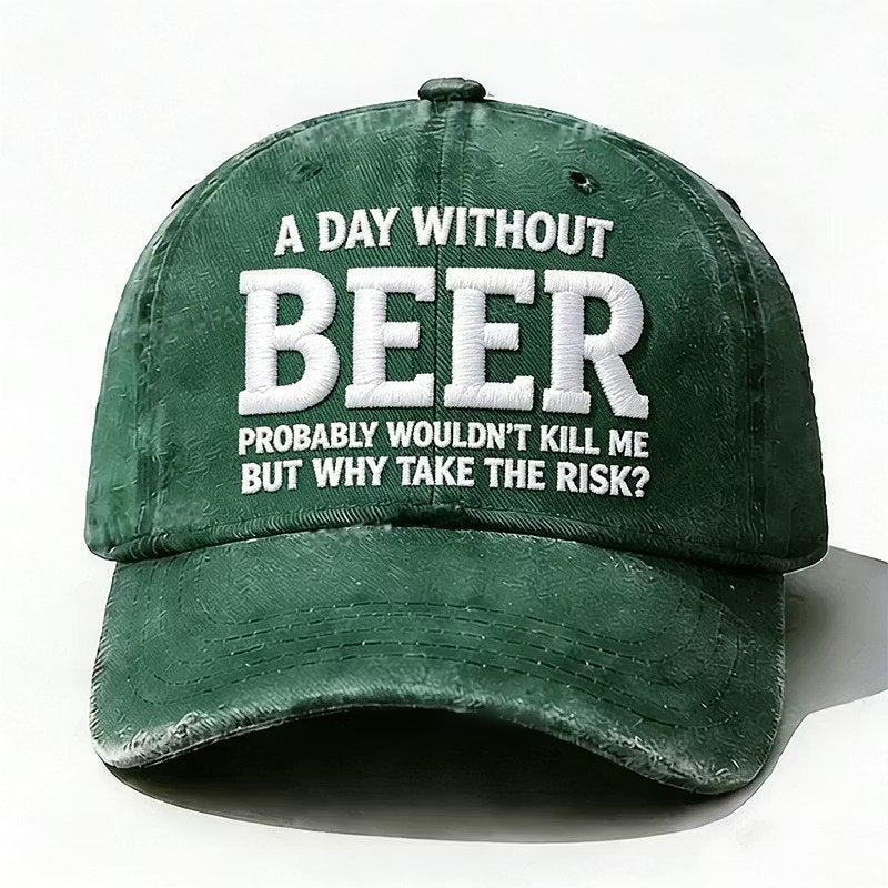 Green embroidered Why Take the Risk beer hat with curved brim