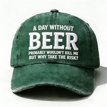 Green embroidered Why Take the Risk beer hat with curved brim