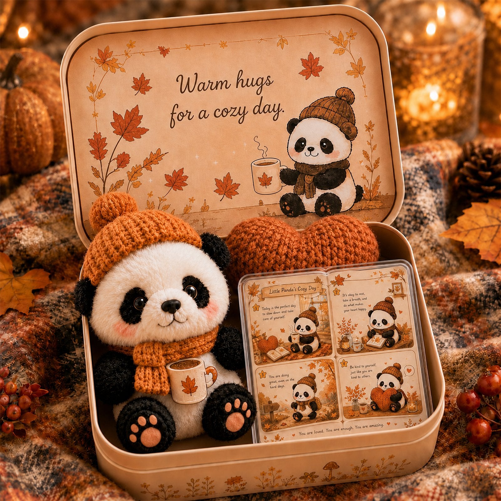 Pocket Hug Plush Keepsake Tin – Autumn Panda seasonal edition