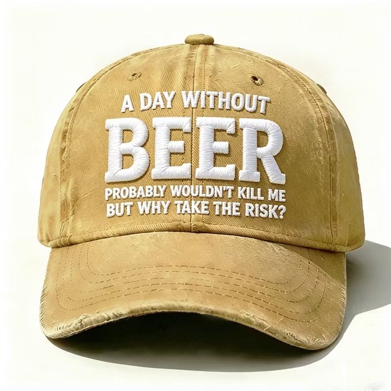 Yellow embroidered Why Take the Risk beer hat with curved brim
