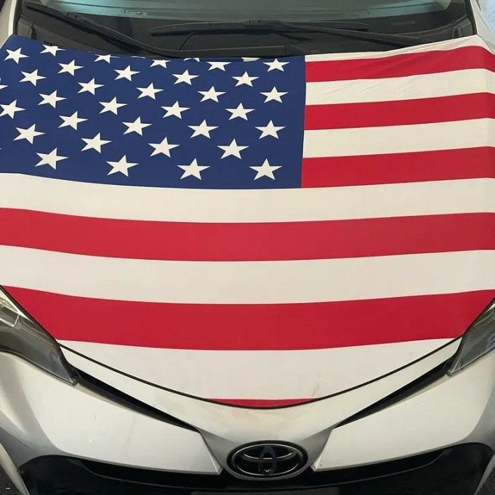 American flag hood cover installed on car real photo close up