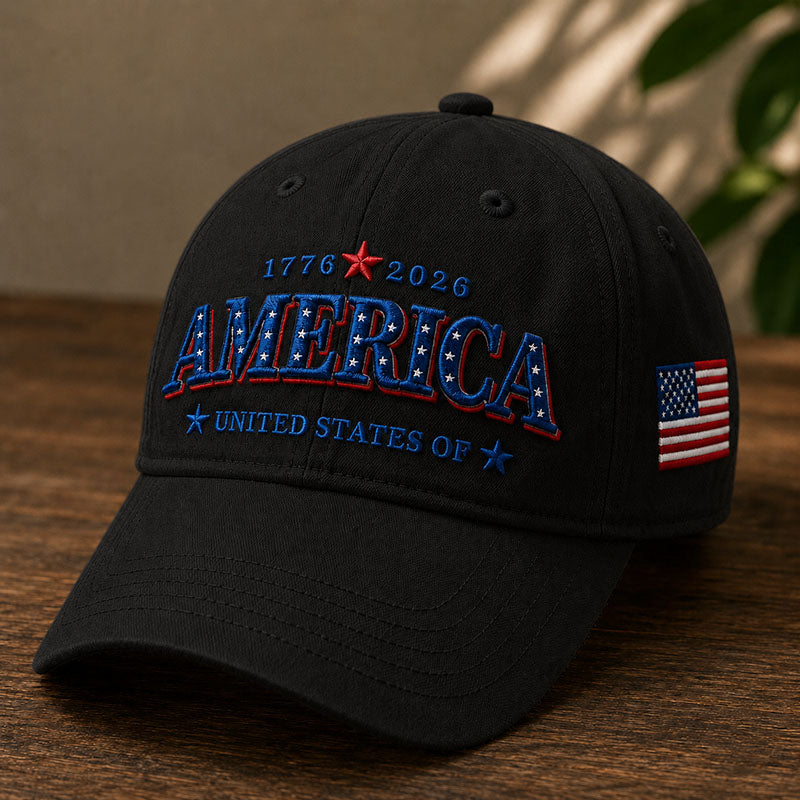 Black America 1776-2026 patriotic 250th anniversary baseball cap with bold embroidered AMERICA