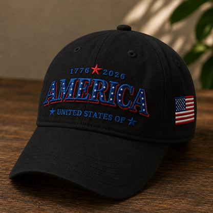 Black America 1776-2026 patriotic 250th anniversary baseball cap with bold embroidered AMERICA