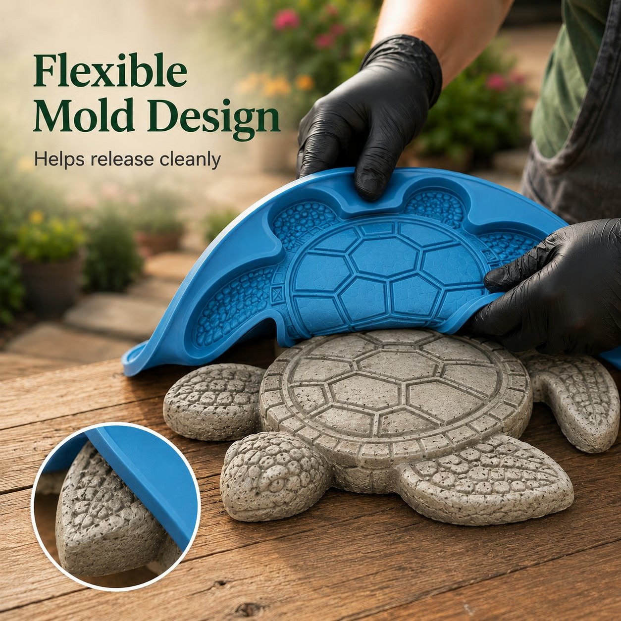 Flexible mold peeling away from cured sea creature stepping stone