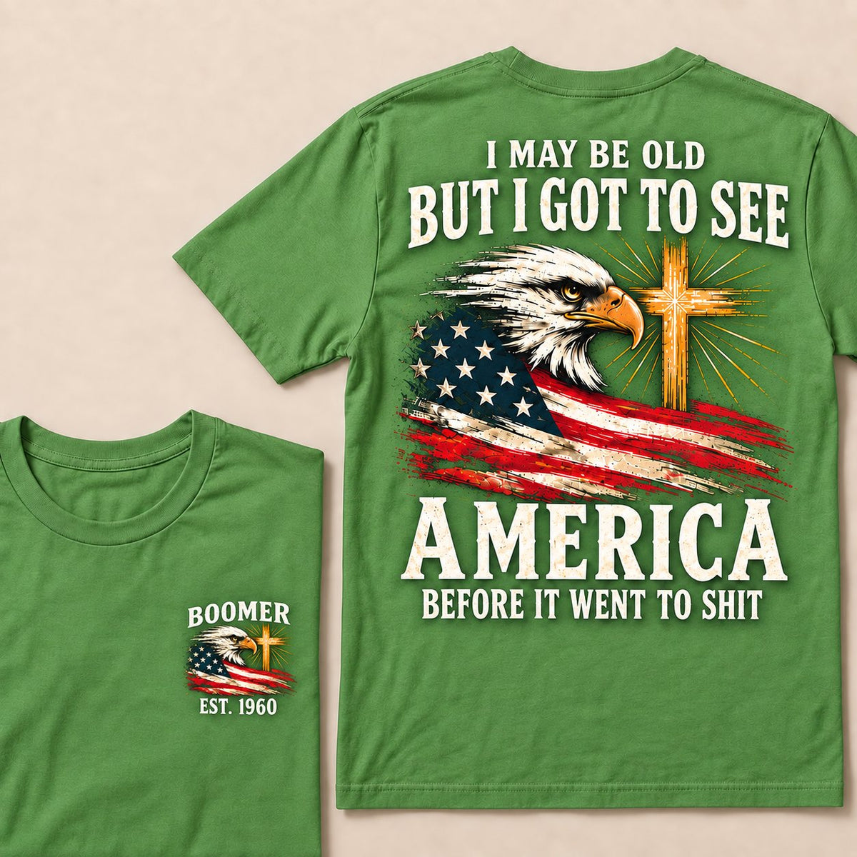 Green Boomer graphic T-shirt with vintage eagle, USA flag and cross, front and back
