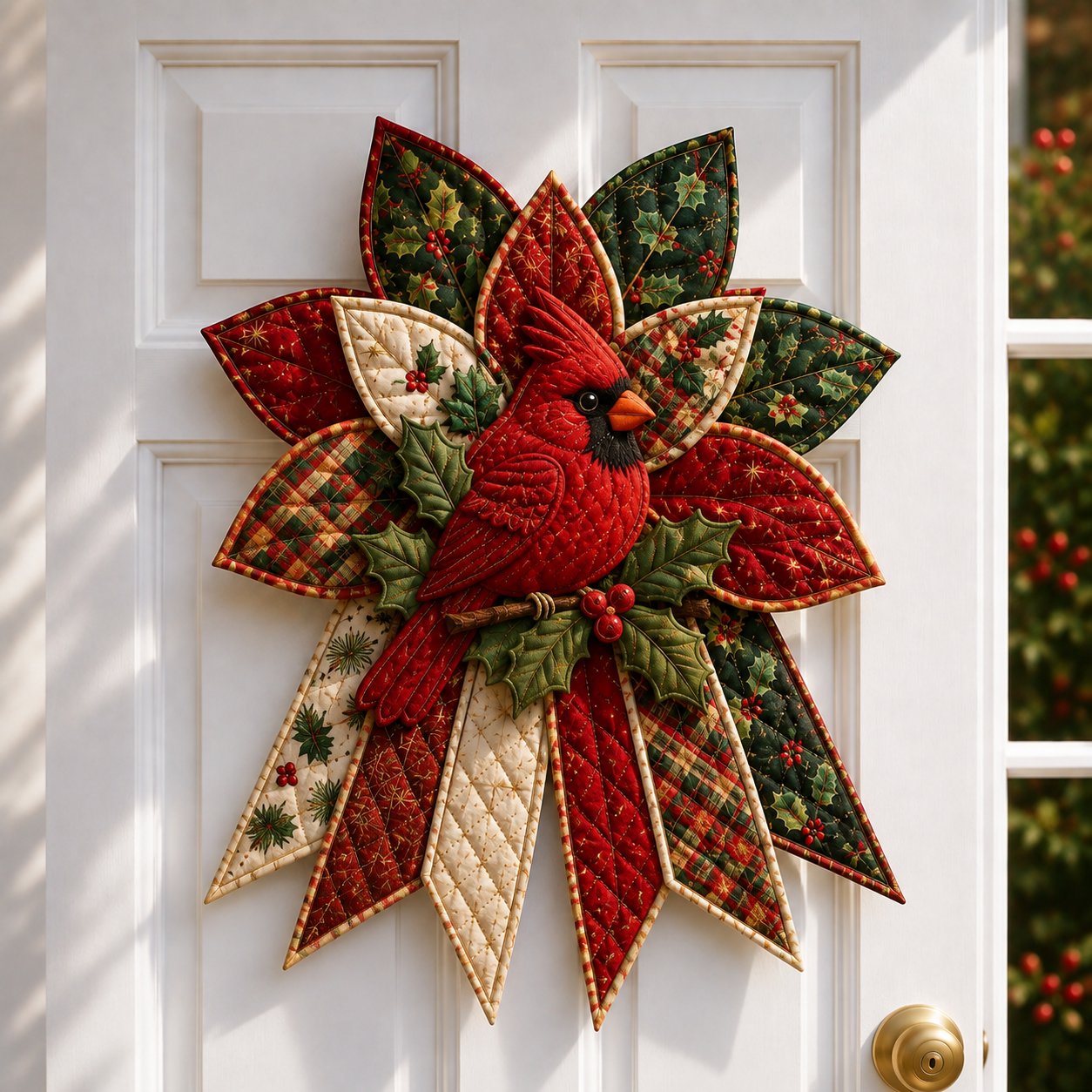 Handmade scarlet cardinal quilted Christmas door hanging with holly leaves