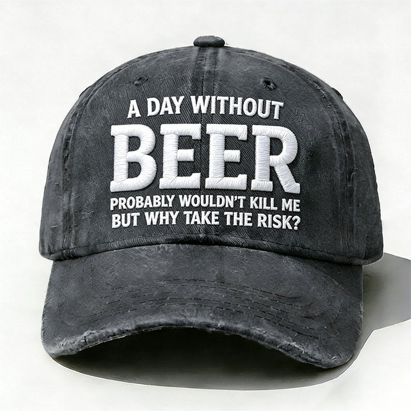 Grey embroidered Why Take the Risk beer hat with curved brim