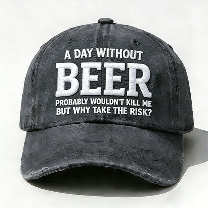 Grey embroidered Why Take the Risk beer hat with curved brim