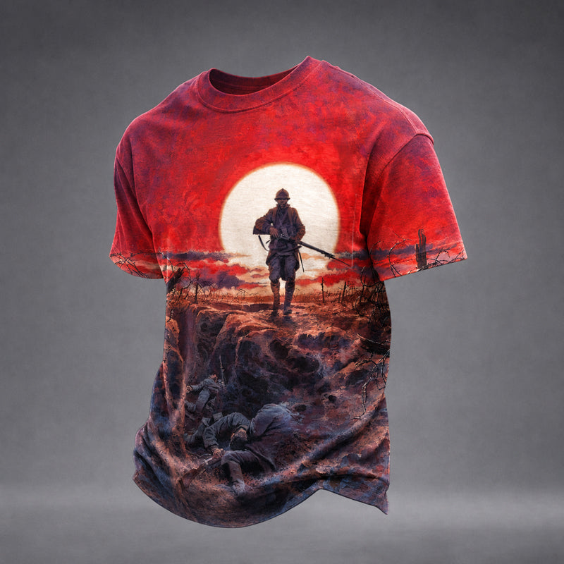Men's Veteran Battlefield Art Print Casual T-Shirt with soldier silhouette and red sunset
