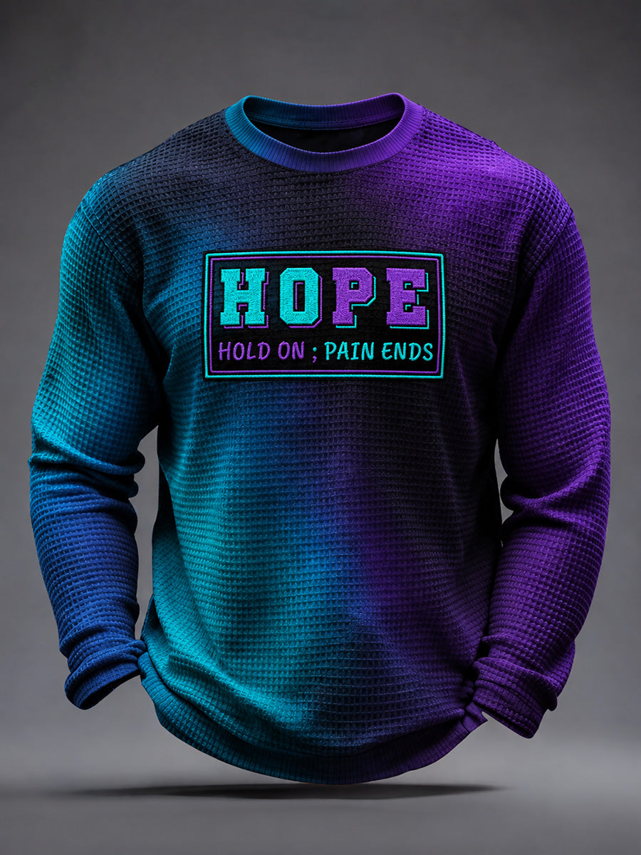 Suicide prevention awareness waffle sweatshirt teal purple HOPE HOLD ON PAIN ENDS semicolon front print