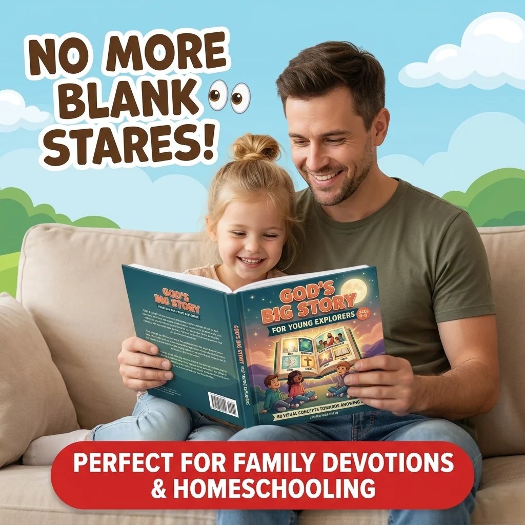 Father and child reading an illustrated theology book during family devotions