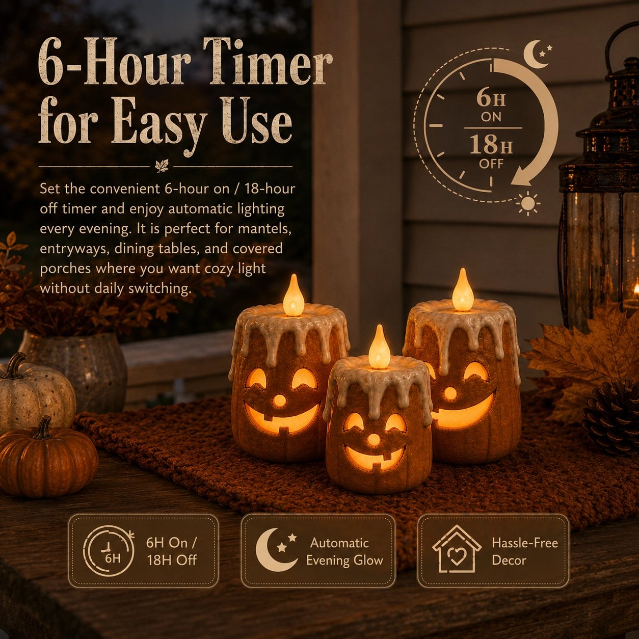 6-hour timer feature for easy automatic pumpkin candle glow
