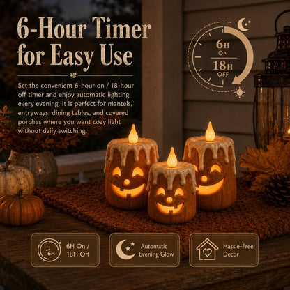 6-hour timer feature for easy automatic pumpkin candle glow