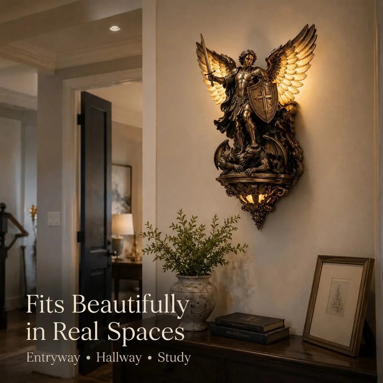 St. Michael wall light in entryway and study — fits beautifully in real faith-filled spaces