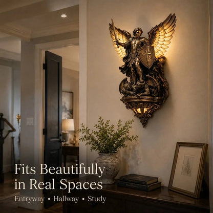 St. Michael wall light in entryway and study — fits beautifully in real faith-filled spaces