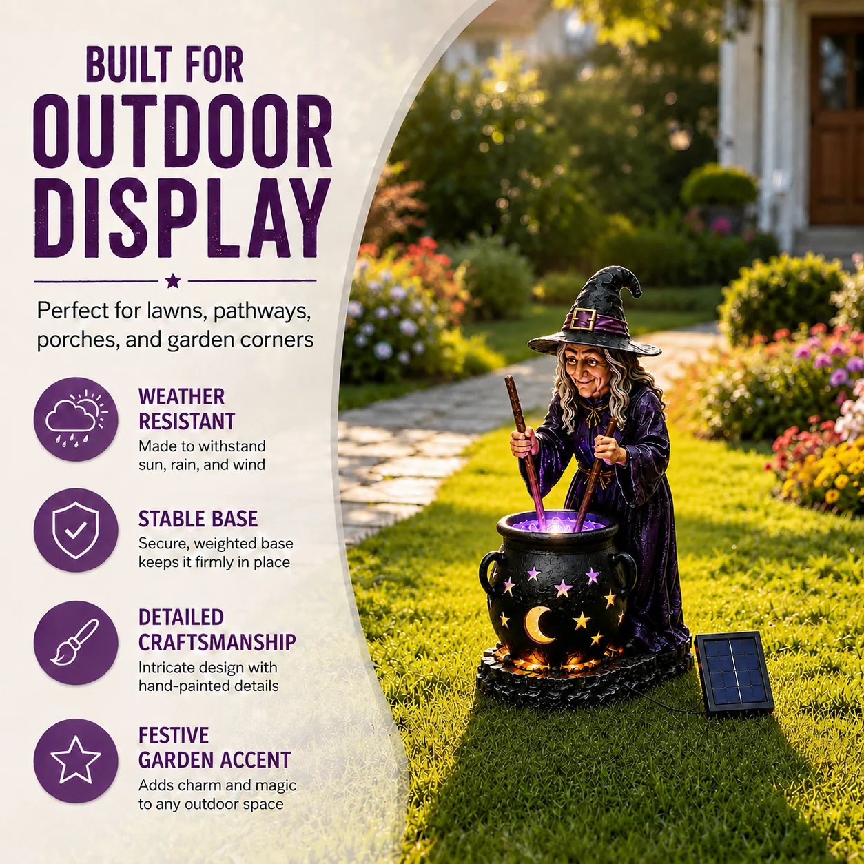 Built for outdoor display — weatherproof witch cauldron solar decor